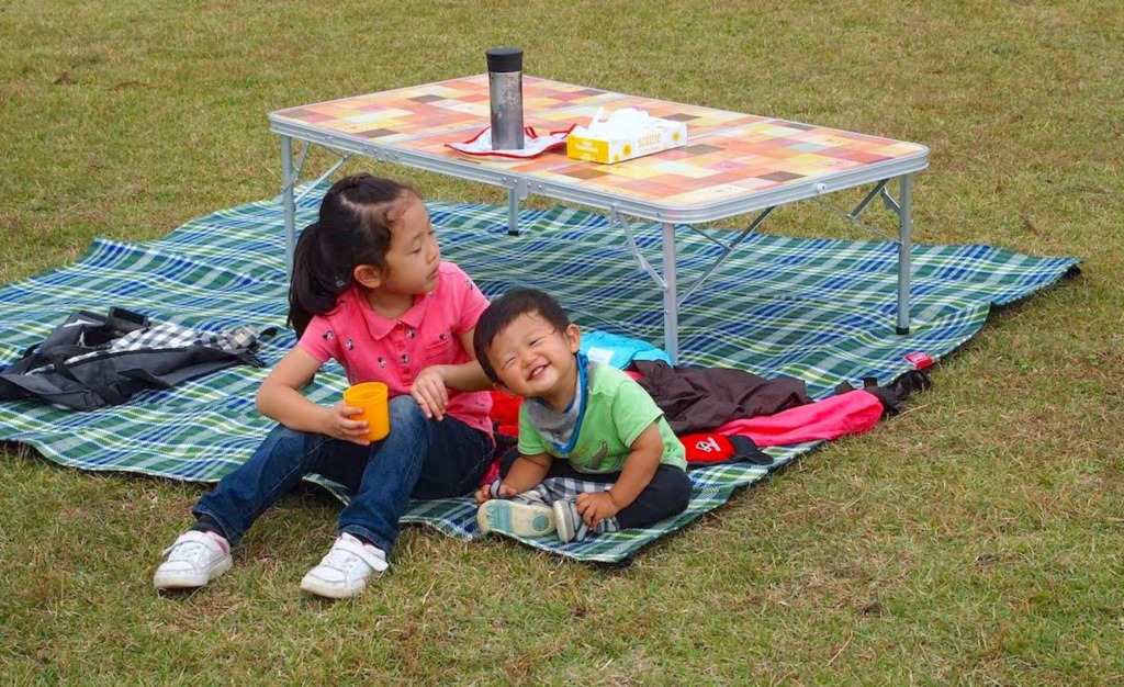 芝生の上でくつろぐ子ども、ピクニック